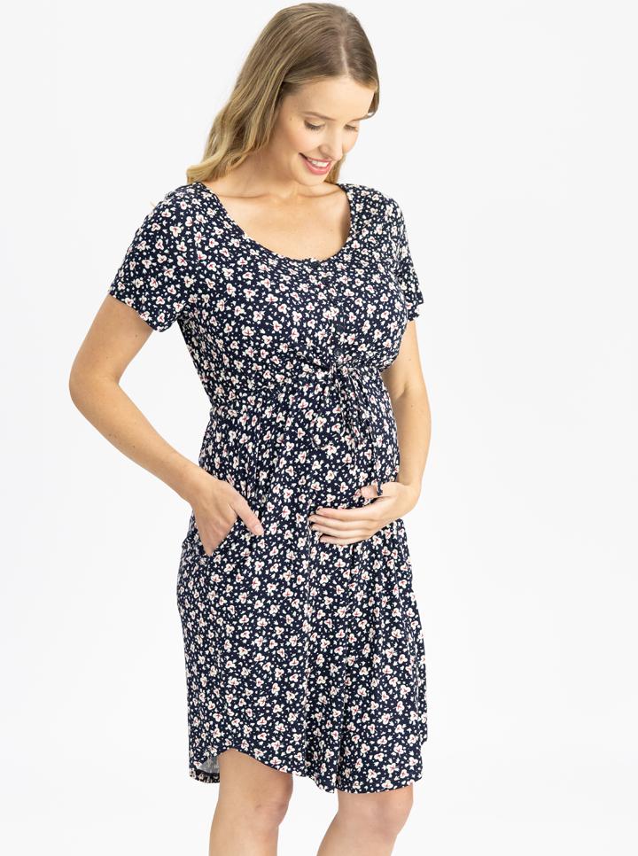 Side view - Maternity and Nursing Short Sleeve Dress in Navy - Angel Maternity USA (4801470005342)