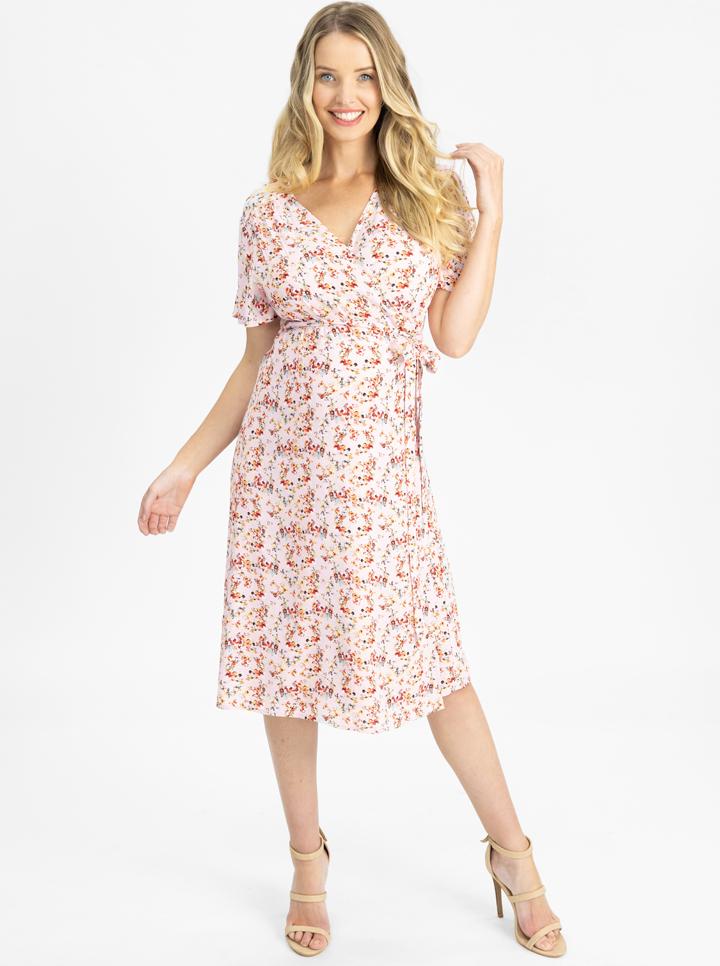 Main view - Pink Floral Print Maternity and Nursing Wrap Dress (4802020507742)