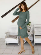 Alethea Long Sleeve Frilled Sage Green Bodycon Maternity Dress (6660407165031) (6715119337566)