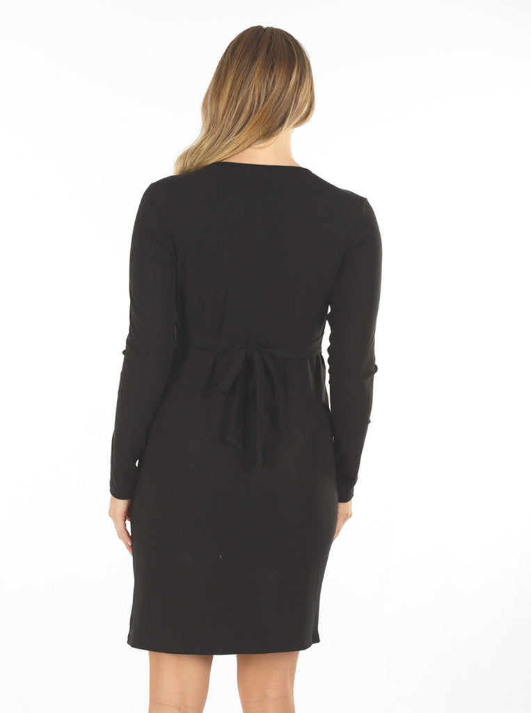 Black Long Sleeves Maternity Crossover Neckline & Tie Waist Nursing Wrap Dress (6618200309854)