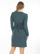 Back view - Teal Long Sleeves Maternity Crossover Neckline & Tie Waist Nursing Wrap Dress (6618200342622)
