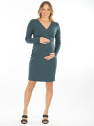 Front view - Teal Long Sleeves Maternity Crossover Neckline & Tie Waist Nursing Wrap Dress (6618200342622)