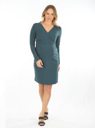 Teal Long Sleeves Maternity Crossover Neckline & Tie Waist Nursing Wrap Dress (6618200342622)
