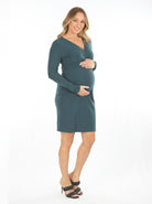 Side view - Teal Long Sleeves Maternity Crossover Neckline & Tie Waist Nursing Wrap Dress (6618200342622)