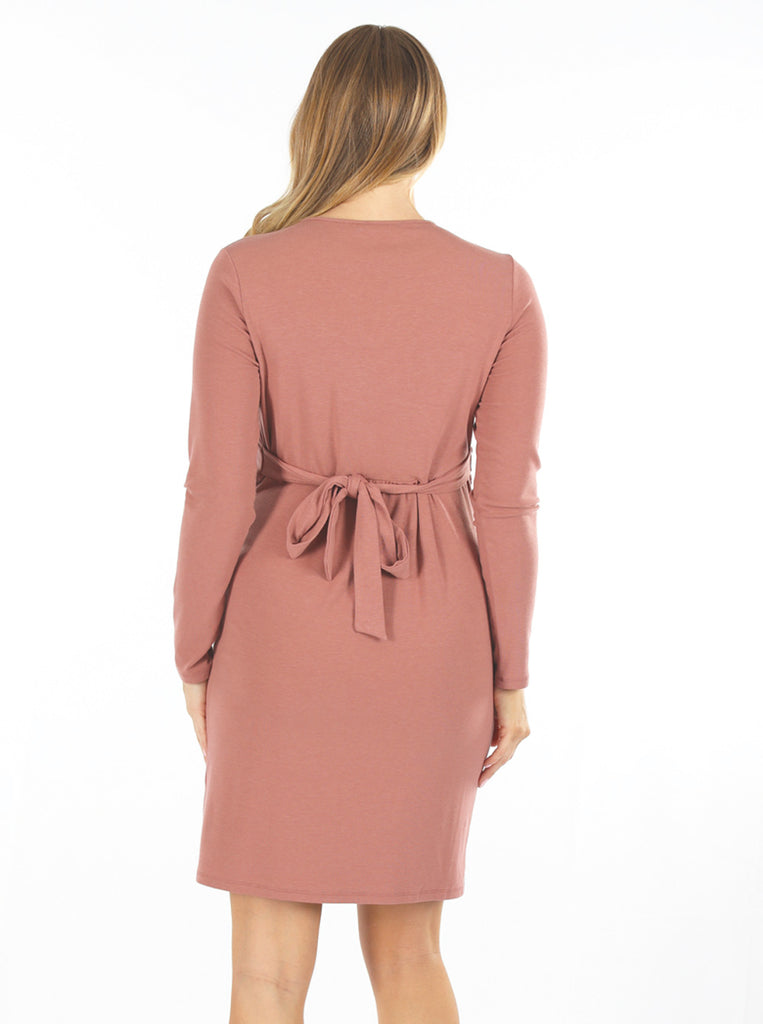 Pink Long Sleeves Maternity Crossover Neckline & Tie Waist Nursing Wrap Dress - Back View (6618200375390)
