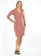 Pink Long Sleeves Maternity Crossover Neckline & Tie Waist Nursing Wrap Dress (6618200375390)