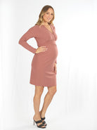 Pink Long Sleeves Maternity Crossover Neckline & Tie Waist Nursing Wrap Dress - Side view (6618200375390)