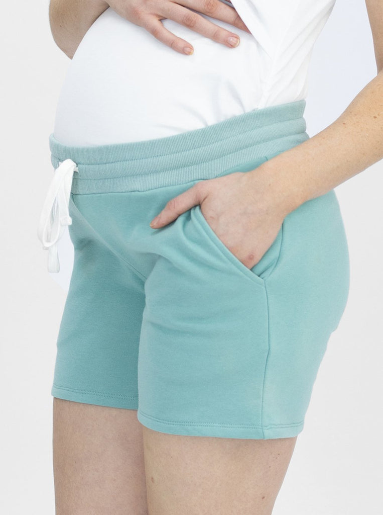side view - Cotton Maternity Summer Shorts in Sage - Angel Maternity USA (4801469579358)