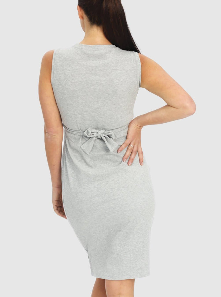 Back view - A pregnant woman in Sleeveless Maternity & Nursing Tie Knot Dress in Marl Grey (6640546840670)