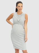 Main view - A pregnant woman in Sleeveless Maternity & Nursing Tie Knot Dress in Marl Grey (6640546840670)