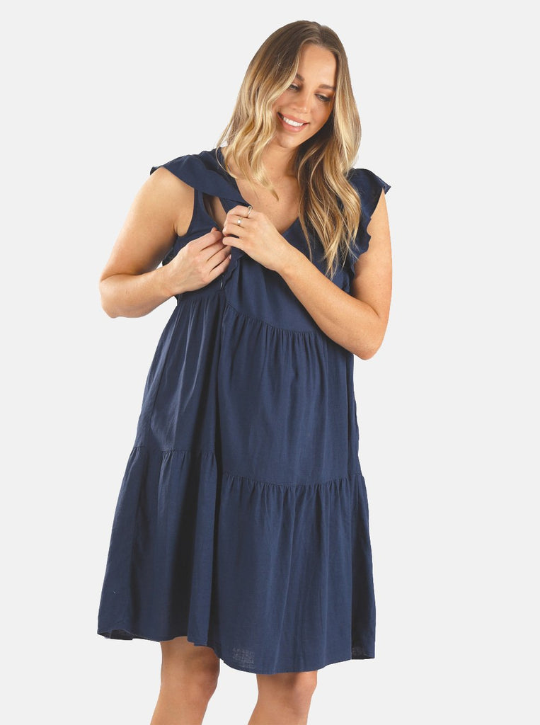 Tiered Linen Maternity Dress in Navy - Angel Maternity - Maternity clothes - shop online (6639691890782)