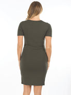 Back view - Lexie Maternity & Nursing Short Sleeve Dress in Khaki Bamboo (6660546920542)