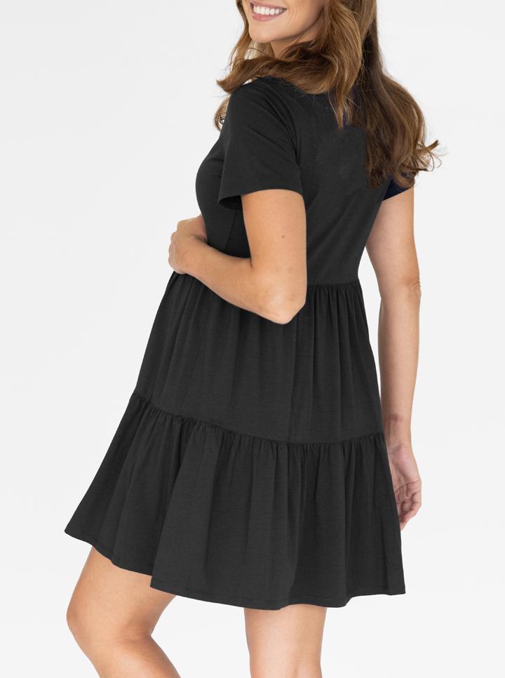 Side view -  A young pregnant woman in Short Sleeve Tiered Mini Black Maternity  Dress (4827569684574)