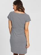 Back view - Maternity & Nursing Drawstring Dress in Navy Stripes (4372211597406)