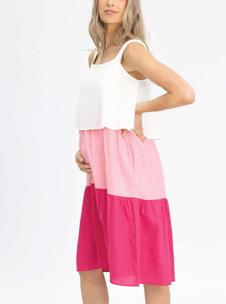 Side view - Sleeveless Maternity & Nursing Linen Tiered Dress (6639705686110)