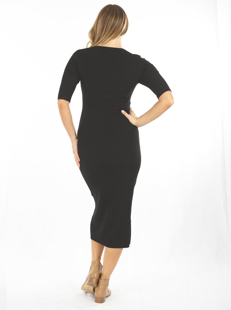 Long Sleeve Front Knot Tie Bodycon Dress in Black (6618531692638)