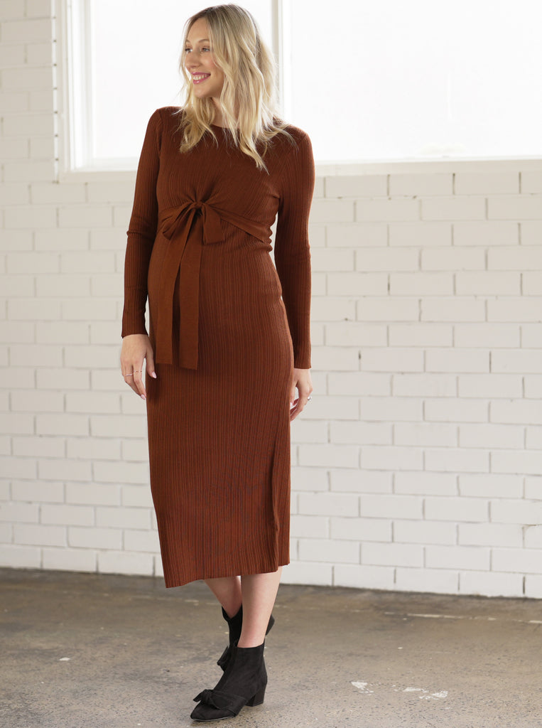 Front view 2 - Annabella Knit Maternity Dress in Rust (6714938654814)