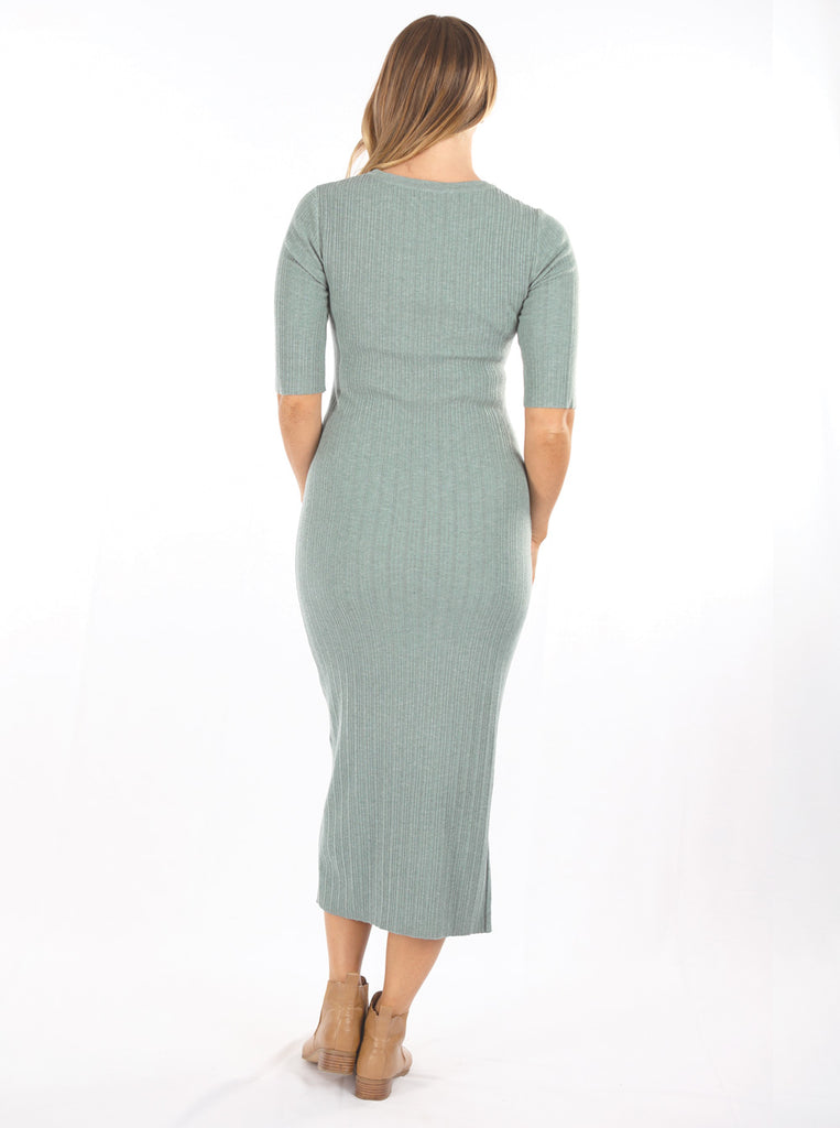 full view back - Knit Maternity Midi Dress in Sage Green (6618531659870)