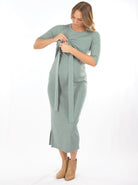 Easy breastfeeding access - Knit Maternity Midi Dress in Sage Green (6618531659870)