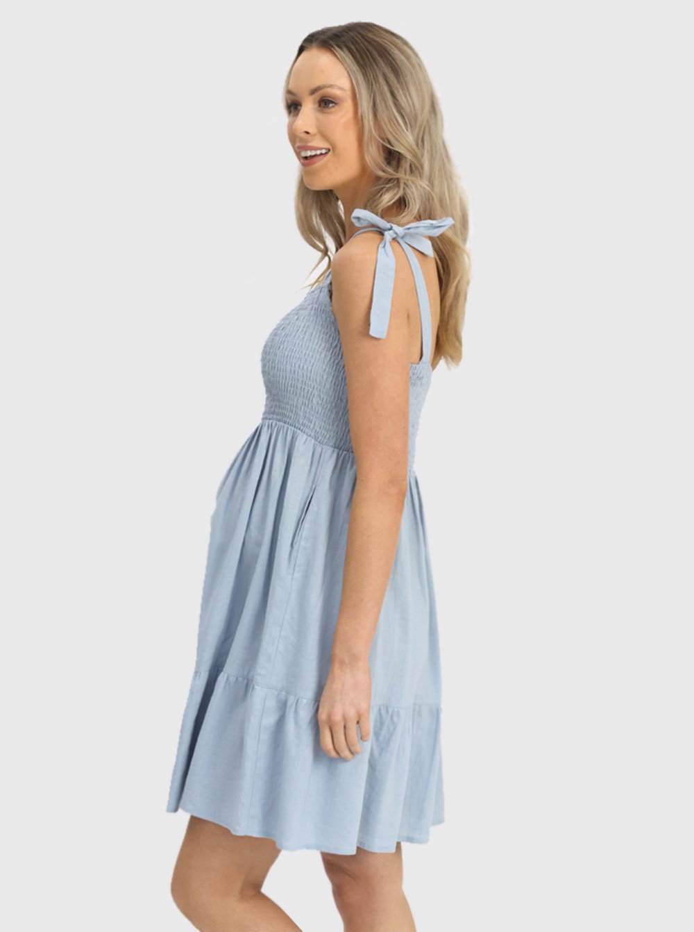 Side view - Maternity Chambray Sleeveless Sundress in Light Blue (6639694970974)