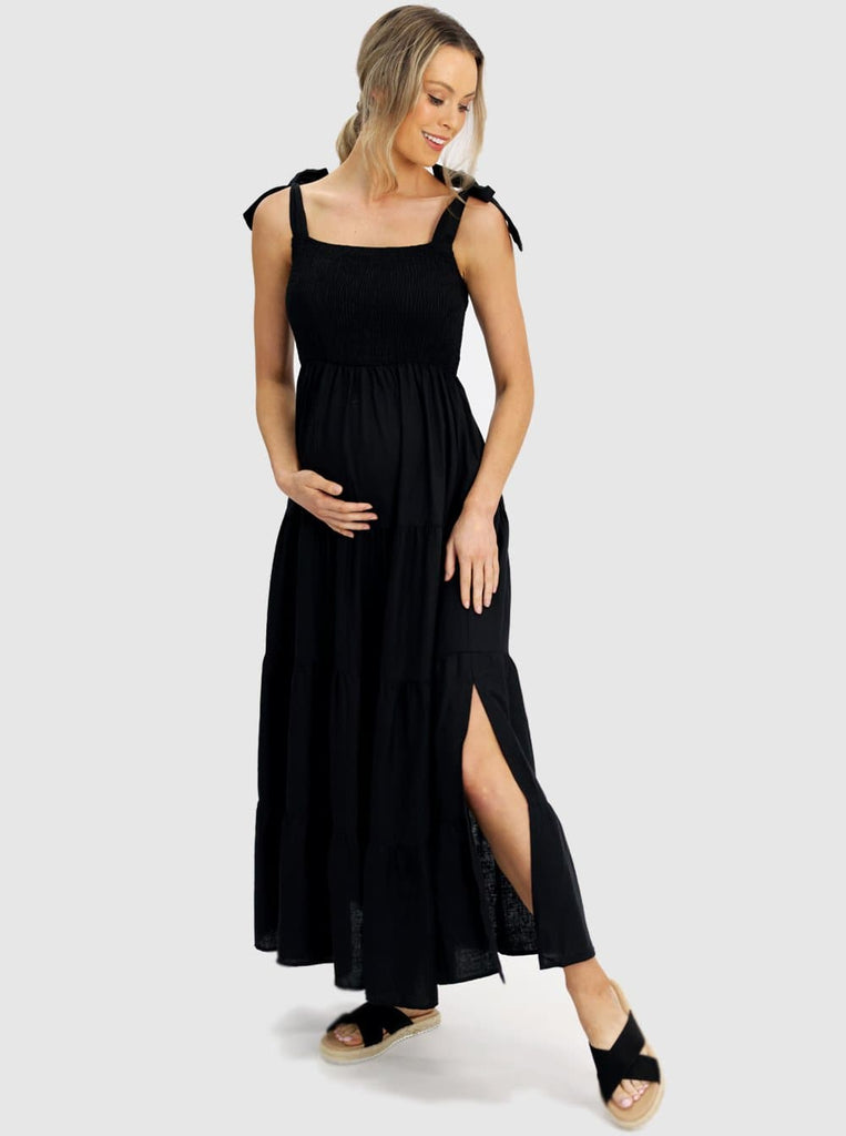 Black Maternity Linen Dress with Shoulder Tie - Angel Maternity  (6639704571998)