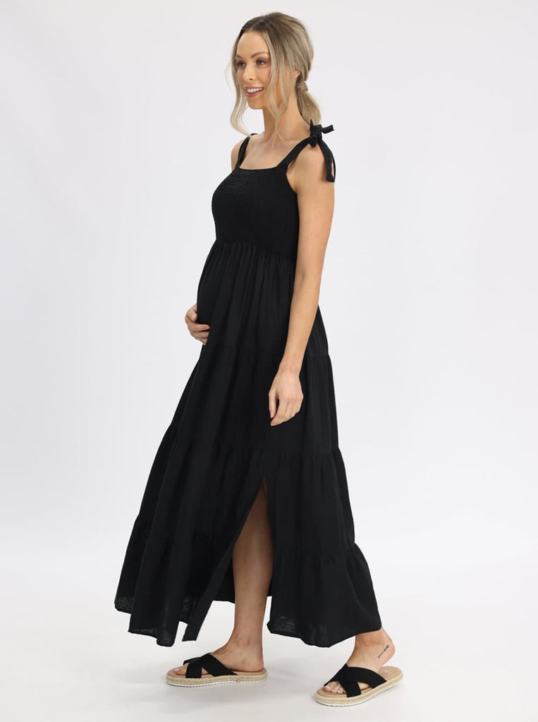 Side view - Lilliana Black Linen Maternity Maxi Dress - Shoulder Tie (6639704571998)
