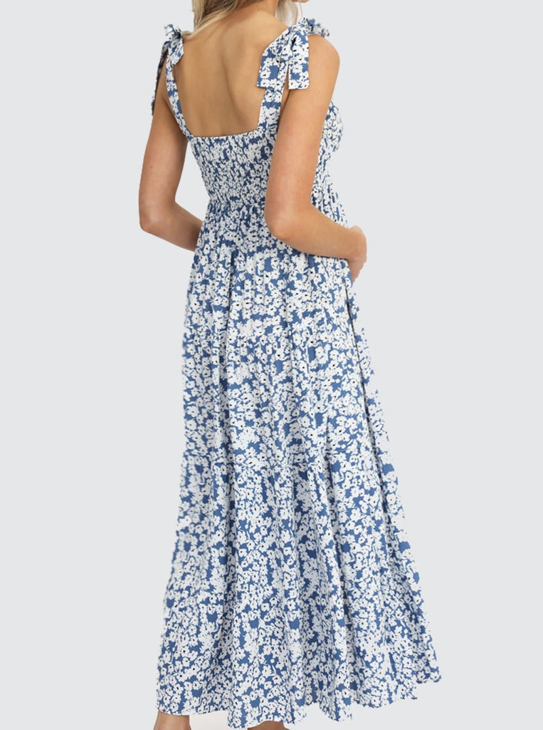 Back view - Lilliana Blue Floral Sleeveless Maternity Maxi Dress  (6656900989022)