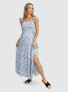 Front view - Lilliana Blue Floral Sleeveless Maternity Maxi Dress  (6656900989022)