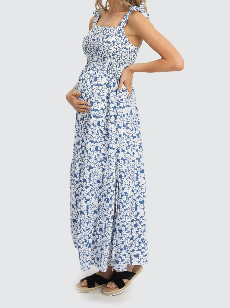 Side view - Lilliana Blue Floral Sleeveless Maternity Maxi Dress  (6656900989022)