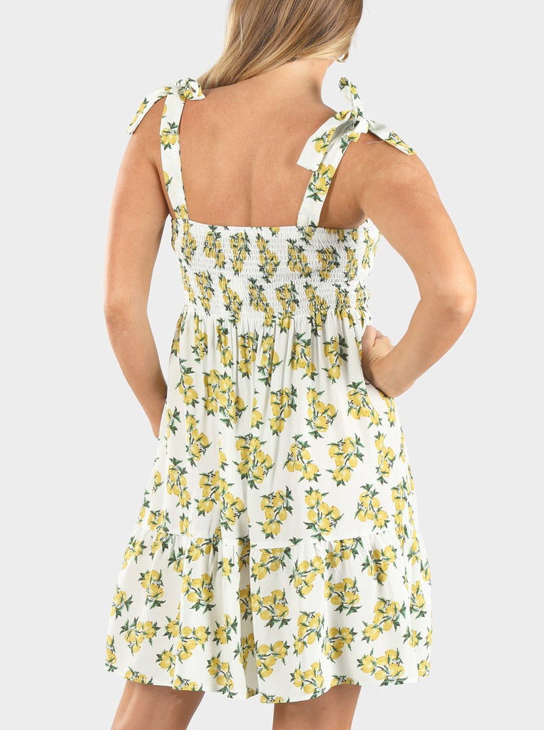 Back view - Maternity Summer Shirred Lemon print Nursing Dress . (6639695036510)