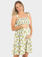 Front view - Maternity Summer Shirred Lemon print Nursing Dress . (6639695036510)