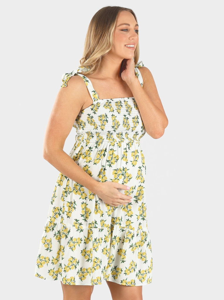 Side view - Maternity Summer Shirred Lemon print Nursing Dress . (6639695036510)