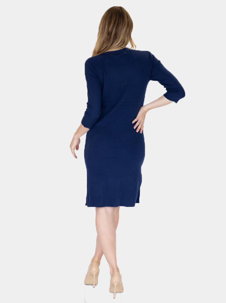 Back view - Maternity Button Front Nursing Knit Ribbed Dress in Navy (6648640045150)
