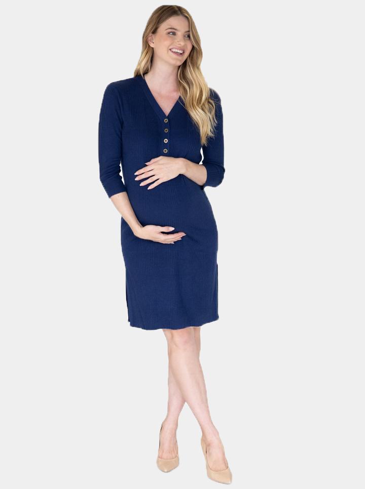 Main view - Maternity Button Front Nursing Knit Ribbed Dress in Navy (6648640045150)