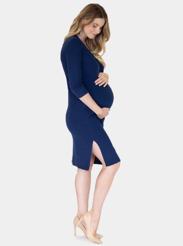 side view - Maternity Button Front Nursing Knit Ribbed Dress in Navy (6648640045150)