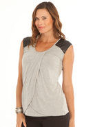 Petal Front Nursing Top with Leather Patch - Grey - Angel Maternity USA (1301890138206)
