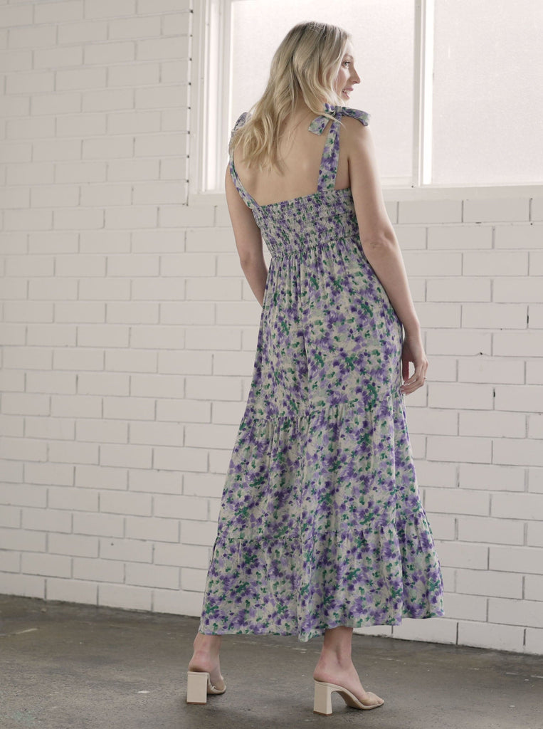 Back view - A Pregnant Woman in Purple Floral Maternity Maxi Dress (6726602621022)