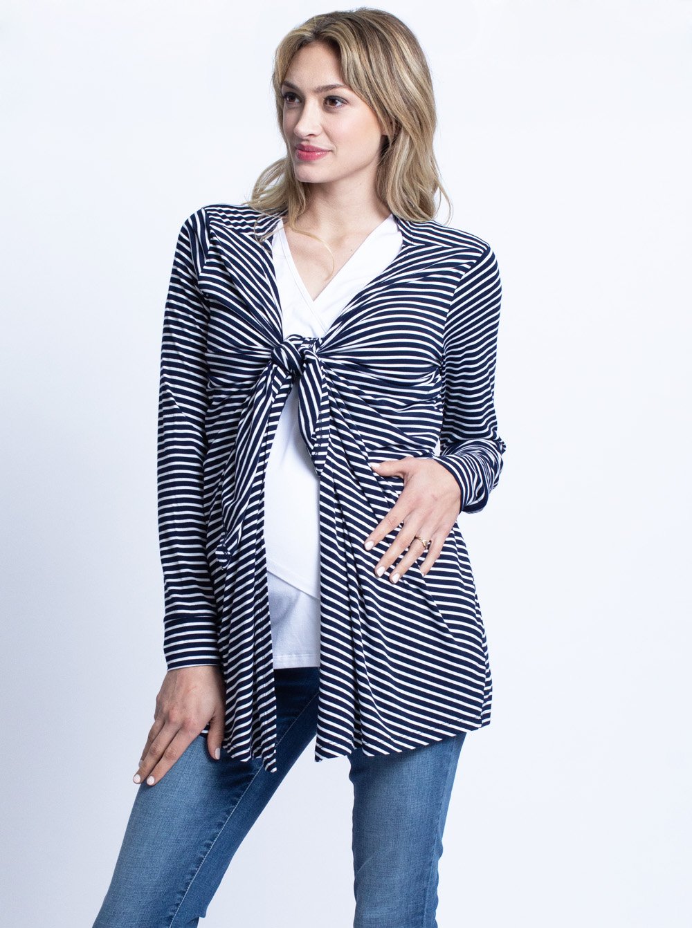 Maternity Waterfall Long Cardigan - Navy Stripes (4802027094110)
