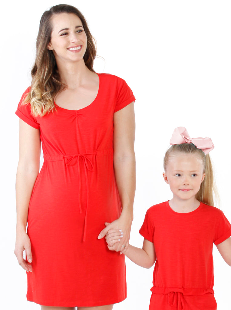 Mother & daughter in TMD - Chili Red The Mommy Drawstring Maternity Dress (1420430147678)