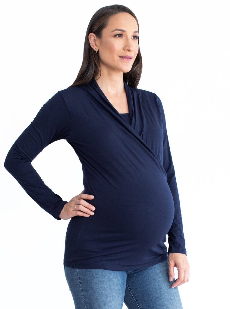 Side view 2 - V-Neck Crossover Bamboo Maternity Long Sleeve Top in navy or black (6537446260830)