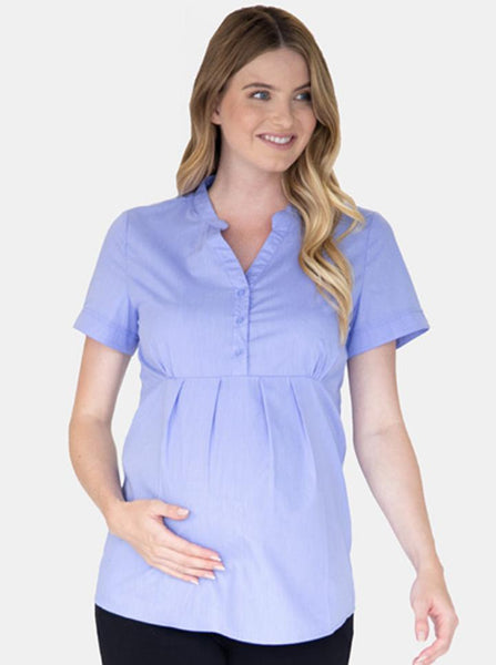 Blue Short Sleeve Maternity & Nursing Work Blouse – Angel