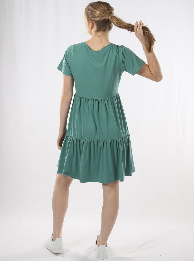 Back view - A Pregnant Woman in Sage Green Maternity Tiered Dress (6708003635303)