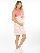 Front view - Maternity and Nursing Striped Nightie in Pink (6621382017118)