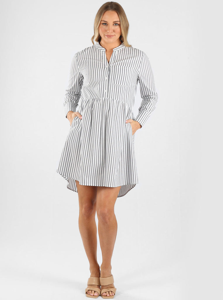 Front view - Iris Navy Stripes 100% Cotton Maternity & Nursing  Dress (6659259596894)