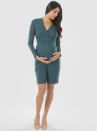 Teal Long Sleeves Maternity Crossover Neckline & Tie Waist Nursing Wrap Dress - Main (6618200342622)