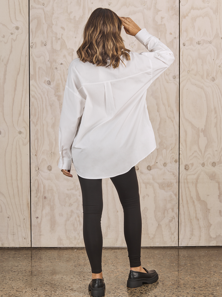 Back view Maternity White button up shirt 