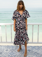 A woman in baby shower navy floral print maternity dress, main (6659011674206)