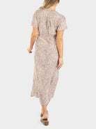 Back view - A woman in beige leopard print maternity nursing wrap dress, (6659012821086)