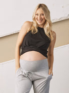 Main view - A pregnant Woman in Summer Basic Bamboo Maternity Crop Top. Available in Black or Navy (6713953747047)