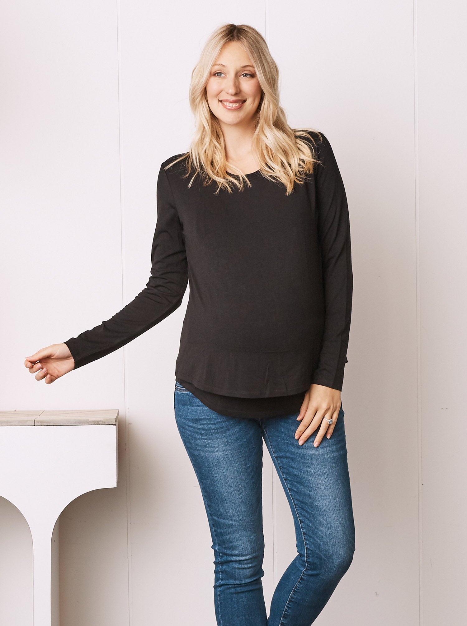 Bamboo Cotton Long Sleeve Maternity Top in Black - Angel Maternity USA